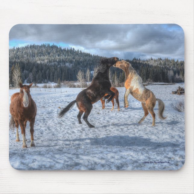 Two Ranch Horses Playfighting in Winter Snow IV Mouse Pad (Front)