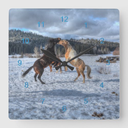 Two Ranch Horses Playfighting in Winter Snow IV Square Wall Clock