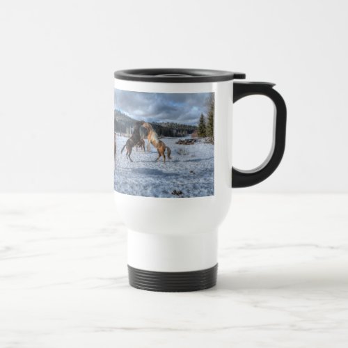 Two Ranch Horses Playfighting in Winter Snow IV Travel Mug