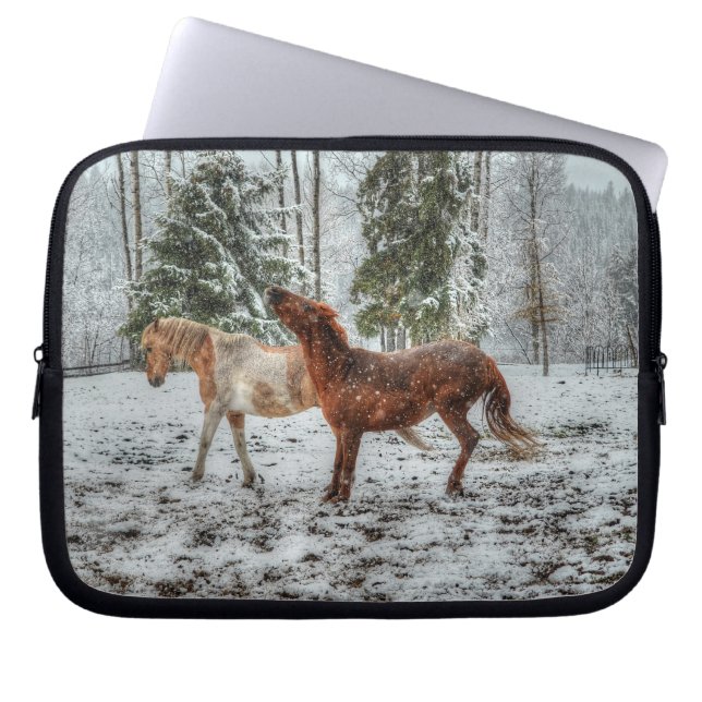 Two Ranch Horses Playing in Snow Equine Photo 3 Laptop Sleeve (Front)