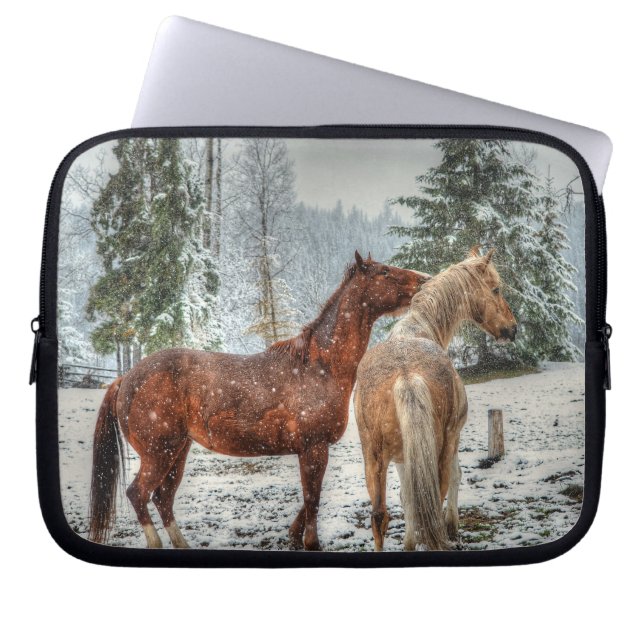 Two Ranch Horses Playing in Snow Equine Photo 4 Laptop Sleeve (Front)