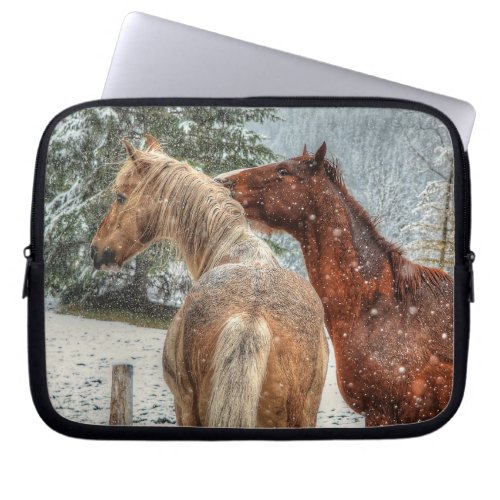 Two Ranch Horses Playing in Snow Equine Photo Laptop Sleeve