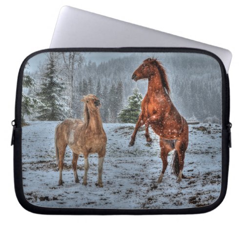 Two Ranch Horses Playing in Snow Equine Photo Laptop Sleeve
