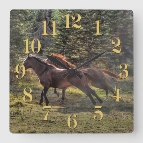 Two Ranch Horses Running in Forest Square Wall Clock