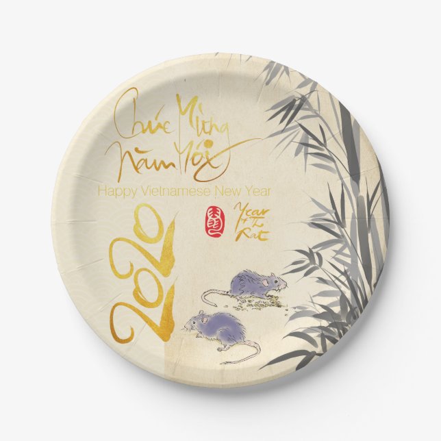 Two Rats Bamboo Vietnamese New Year 2020 Party PP Paper Plates (Front)