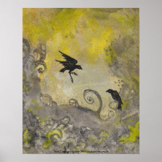 Two Ravens on Smokey Yellow Abstract Art Poster