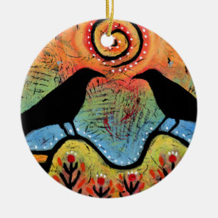Two Ravens Sit and Reflect Couples Ceramic Ornament