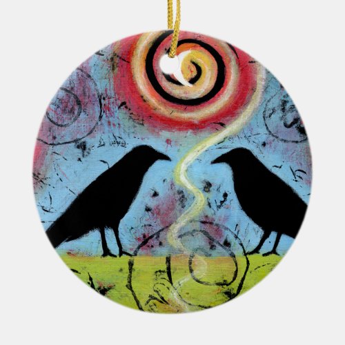 Two Ravens Sit and Reflect Whimsical Ceramic Ornament