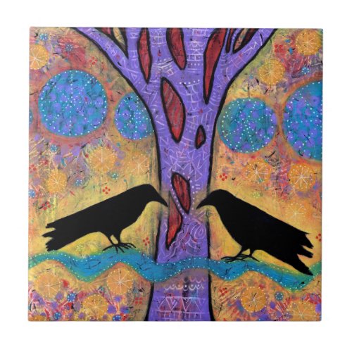 Two Ravens Sit  Reflect on Life Ceramic Tile