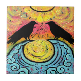 Two Ravens Sit & Reflect on the Waves Ceramic Tile
