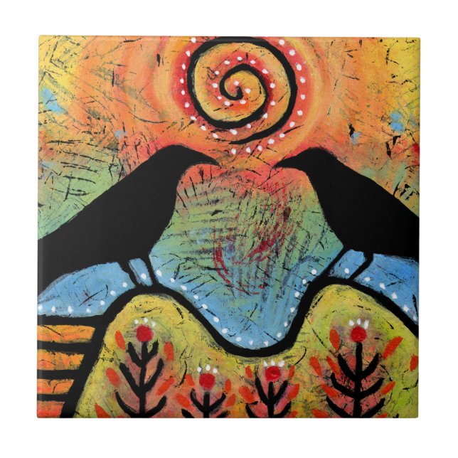 Two ravens sitting and reflecting ceramic tile (Front)