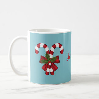 Two Red And White Candy Canes On Blue With Name Coffee Mug