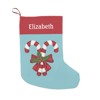 Two Red And White Candy Canes On Blue With Name Small Christmas Stocking