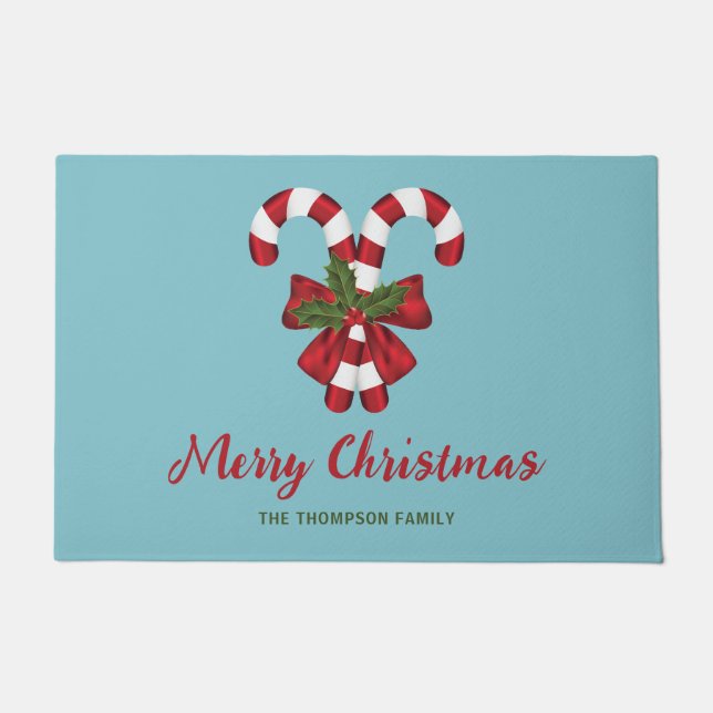 Two Red And White Candy Canes On Blue With Text Doormat (Front)