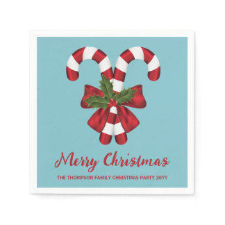 Two Red And White Candy Canes On Blue With Text Napkins