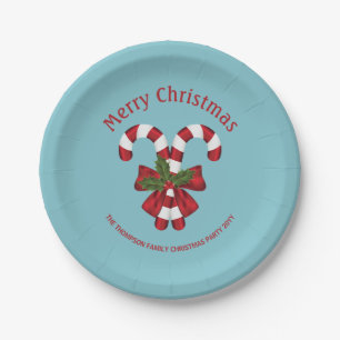 Two Red And White Candy Canes On Blue With Text Paper Plates