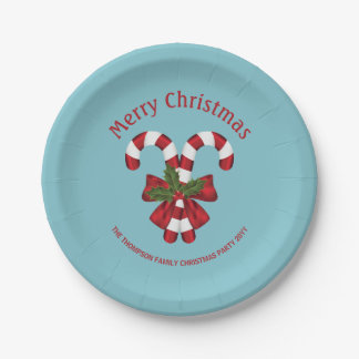 Two Red And White Candy Canes On Blue With Text Paper Plates