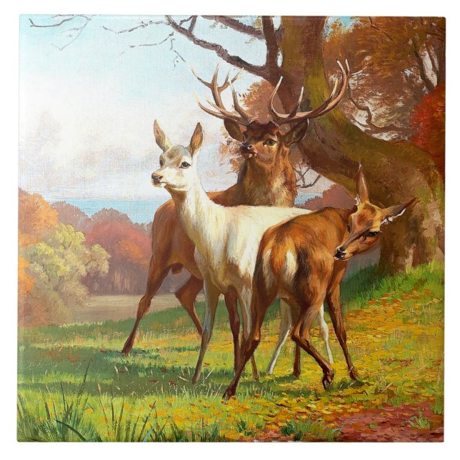 Two Red And White Deer In The Forest Ceramic Tile (Front)