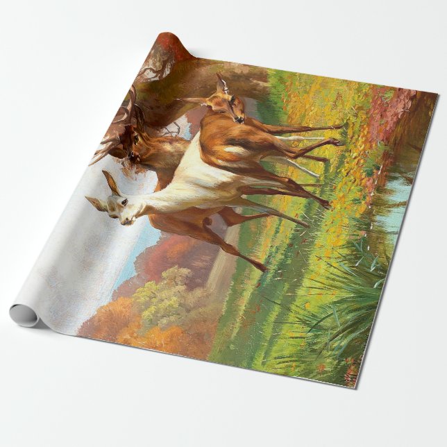 Two Red And White Deer In The Forest Decoupage  Wrapping Paper (Unrolled)
