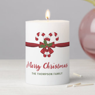 Two Red And White Festive Candy Canes Bow And Text Pillar Candle