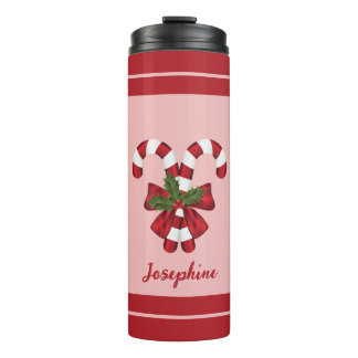 Two Red And White Festive Candy Canes &amp; Name Thermal Tumbler