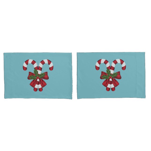 Two Red And White Festive Candy Canes On Blue Pillow Case (Front-Set)
