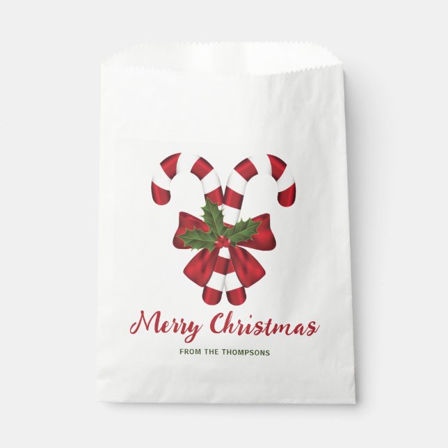 Two Red And White Festive Candy Canes With Text Favor Bag (Front)