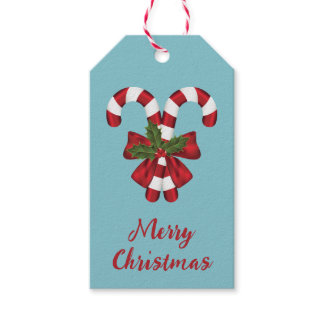 Two Red And White Festive Candy Canes With Text Gift Tags