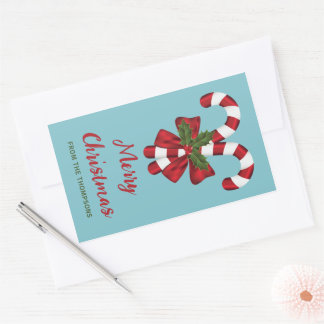 Two Red And White Festive Candy Canes With Text Rectangular Sticker