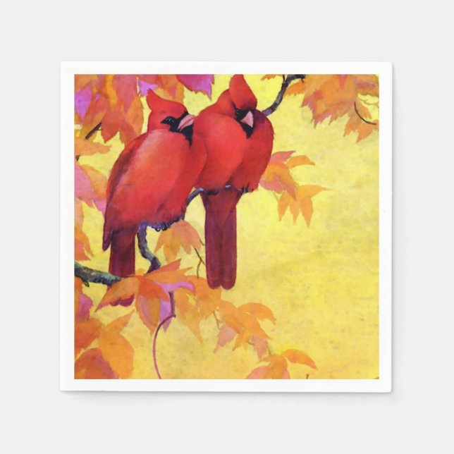 Two Red Cardinals Golden Background Paper Napkins (Front)