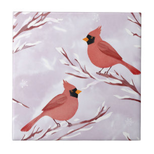 Two Red Cardinals Watercolor Painting Ceramic Tile