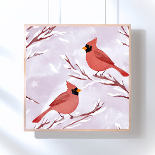 Two Red Cardinals Watercolor Painting Poster