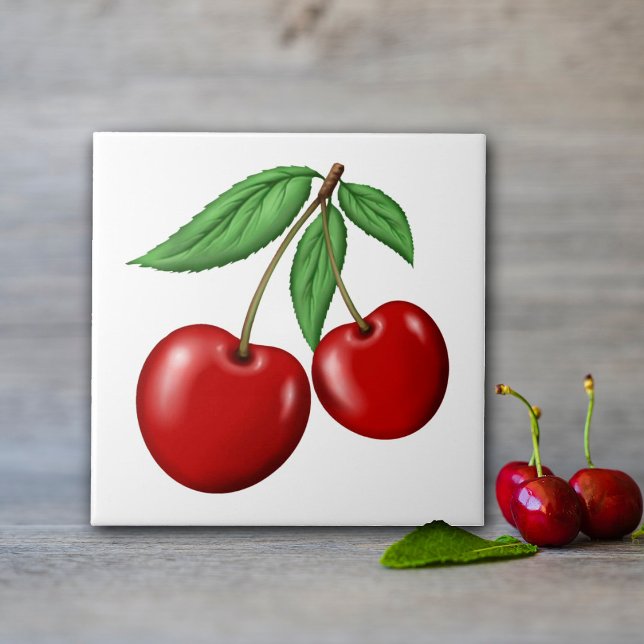 Two Red Cherries Fruit Ceramic Tile (Cherry ceramic tile, in 2 sizes great for kitchen walls! Or order with optional frame for decoration)