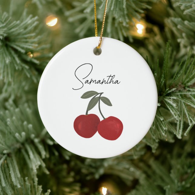 Two Red Cherries Illustration | Cute Fruit Art  Ceramic Ornament (Tree)