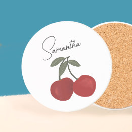 Two Red Cherries Illustration | Cute Fruit Art  Coaster