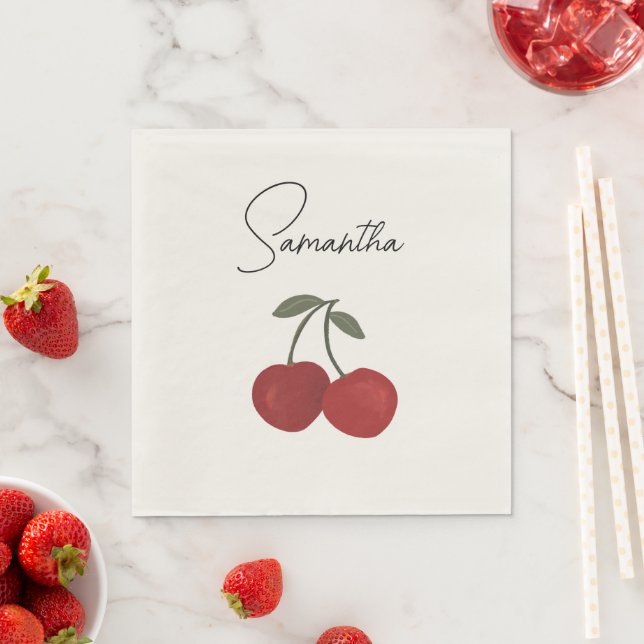 Two Red Cherries Illustration | Cute Fruit Art  Napkins (Insitu)