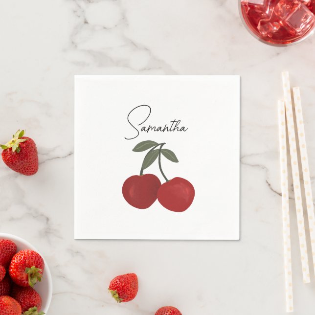 Two Red Cherries Illustration | Cute Fruit Art  Napkins (Insitu)