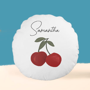 Two Red Cherries Illustration Cute Fruit Art Round Pillow