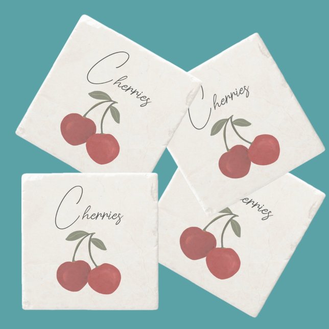 Two Red Cherries Illustration | Cute Fruit Art  Stone Coaster (Creator Uploaded)