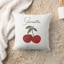 Two Red Cherries Illustration | Cute Fruit Art  Throw Pillow
