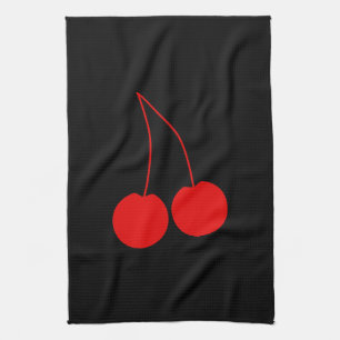 Two Red Cherries on Black. Kitchen Towel