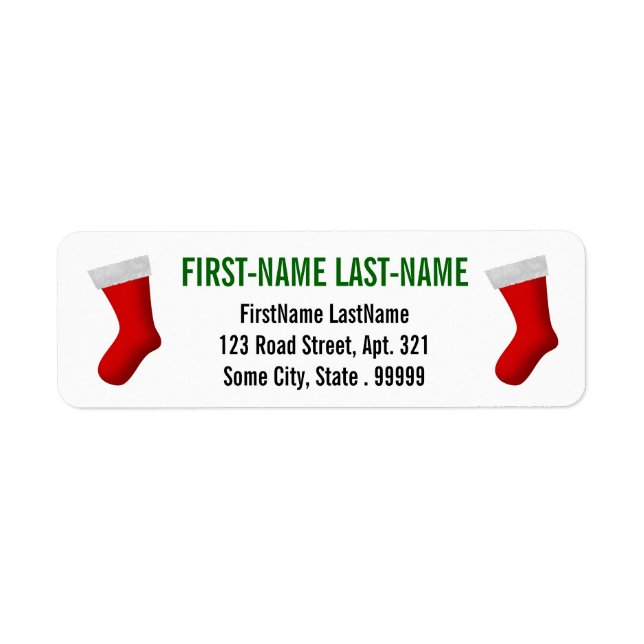 Two Red Christmas Stockings + Custom Contact Info Label (Front)