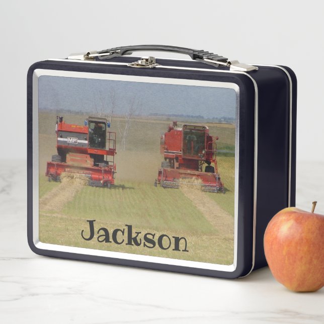 Two Red Combines Farmers Metal Lunchbox (In Situ)