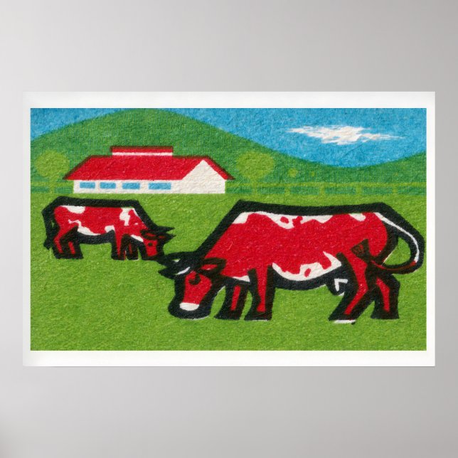 Two Red Cows Grazing Mid-Century Matchbox Label Poster (Front)