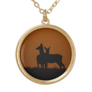 Two Red Deer at Dawn Wildlife Photography Gold Plated Necklace