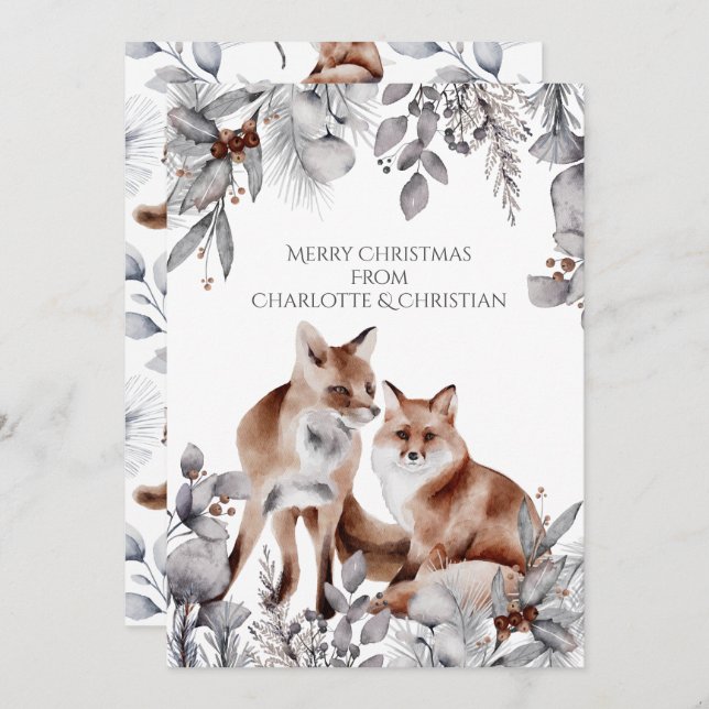 Two Red Foxes Personalized Christmas Card (Front/Back)