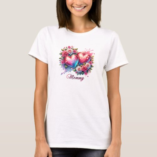 Two red glitter hearts blush roses Mothers day T_Shirt