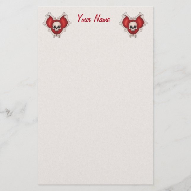 Two Red Gothic Heart of Bones With White Skulls Stationery (Front)