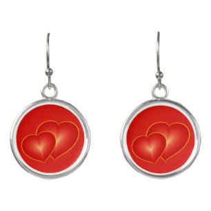 Two Red Hearts, Modern Digital Art Graphic Earrings