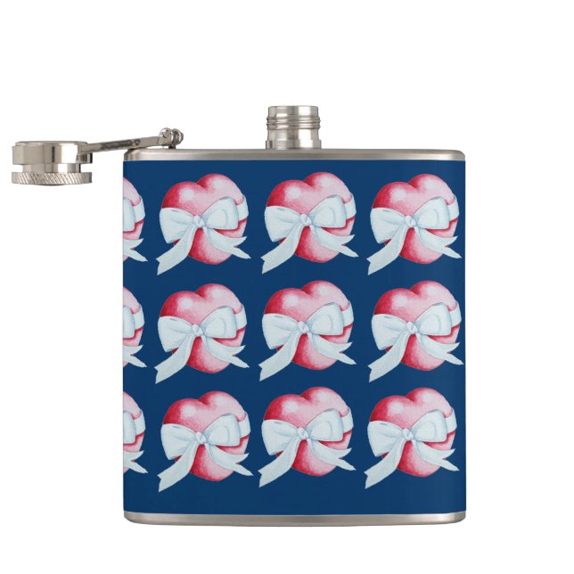 two red hearts tied with white ribbon bow hip flask (Opened)